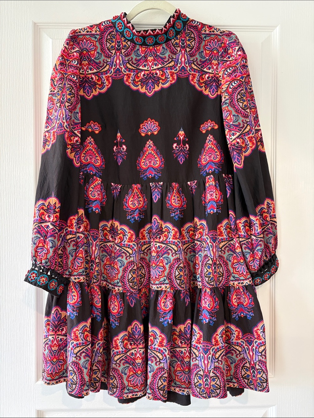 Anthropologie Black Mini Dress with Pink & Purple Paisley